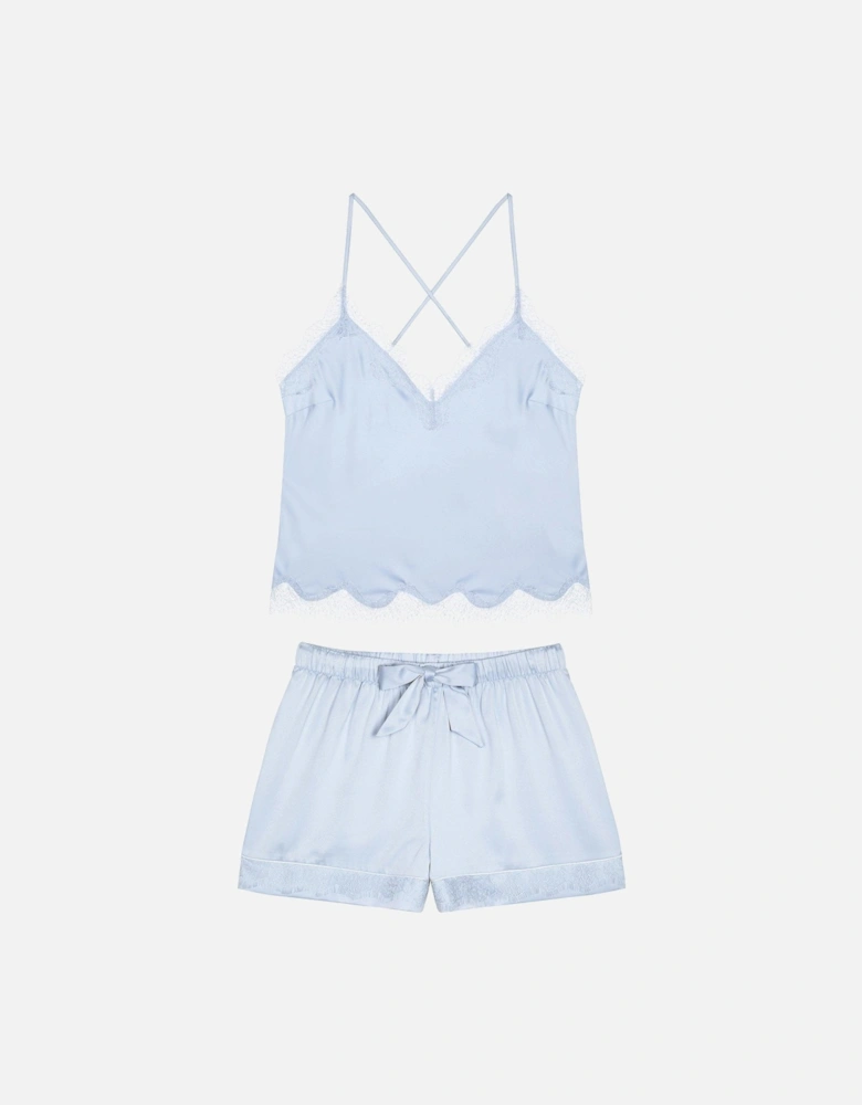 Satin Lace Trim Cami Short Pyjama Set - Cornflower Blue