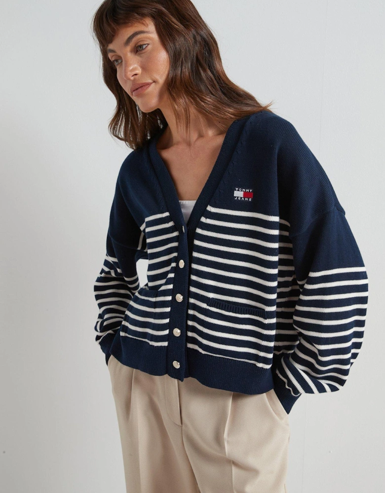 Striped Cable Knit Cardigan - Navy