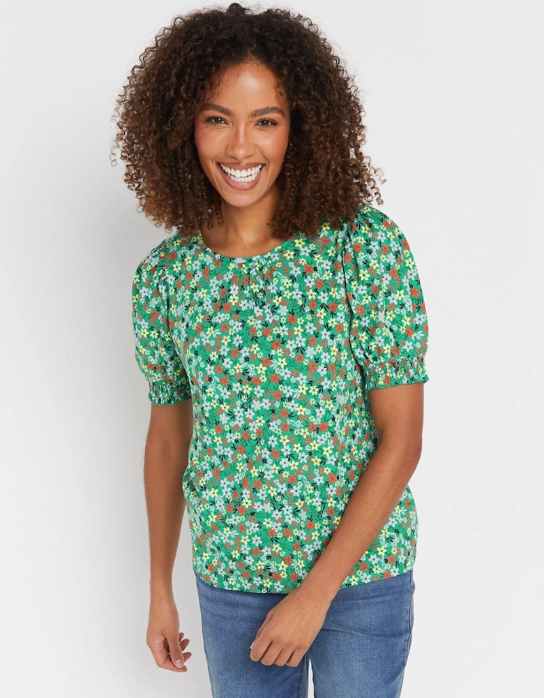 Floral Print Puff Sleeve T-Shirt - Green