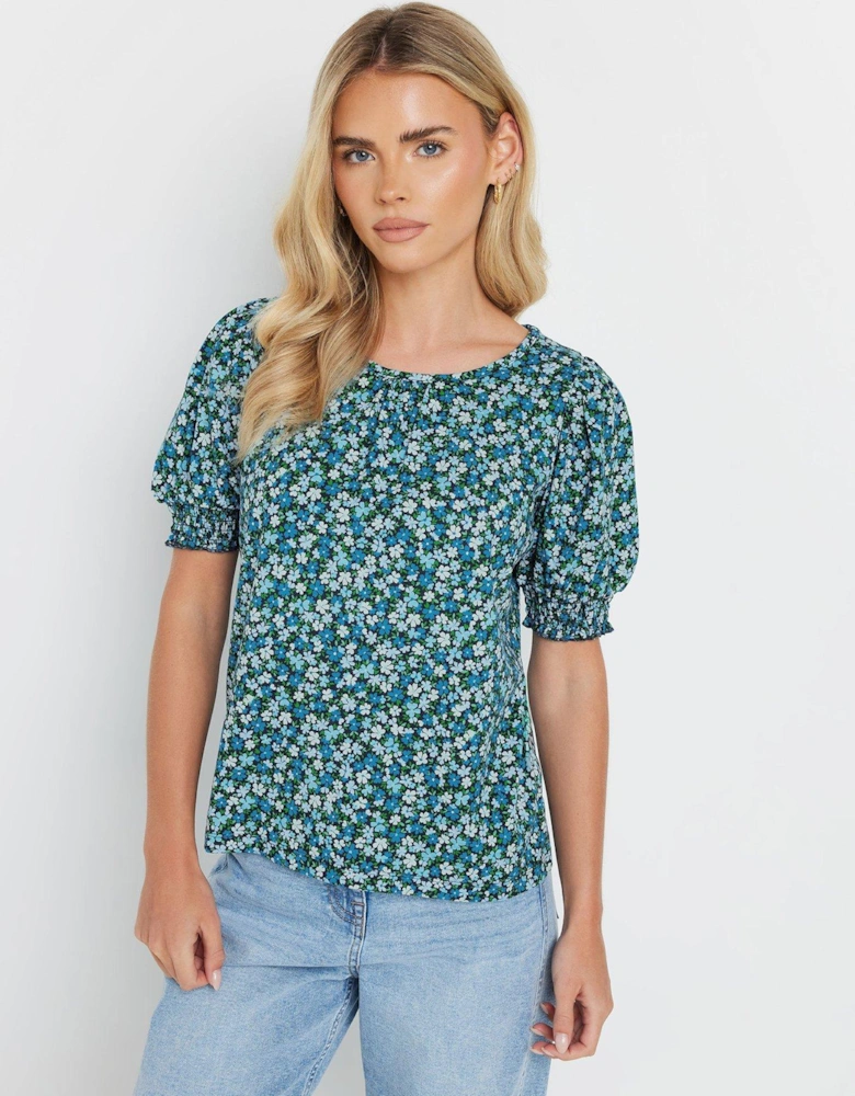 Petite Floral Print Puff Sleeve T-Shirt - Blue