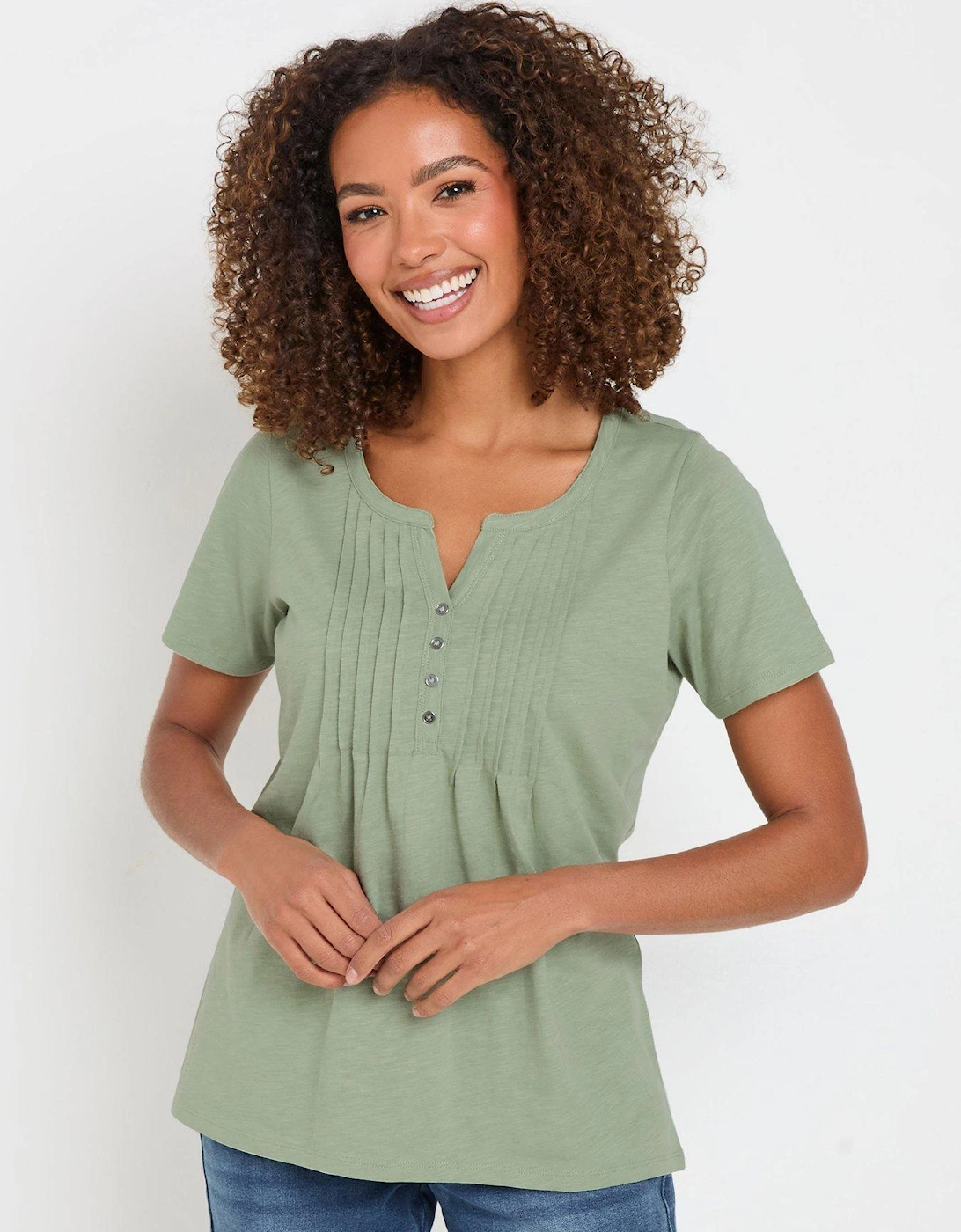 Short Sleeve Cotton Henley Top - Green, 2 of 1