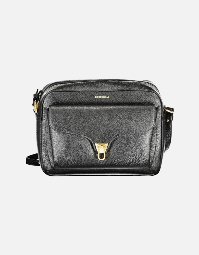 Adjustable Strap Black Leather Shoulder Bag with Iconic Logo Women