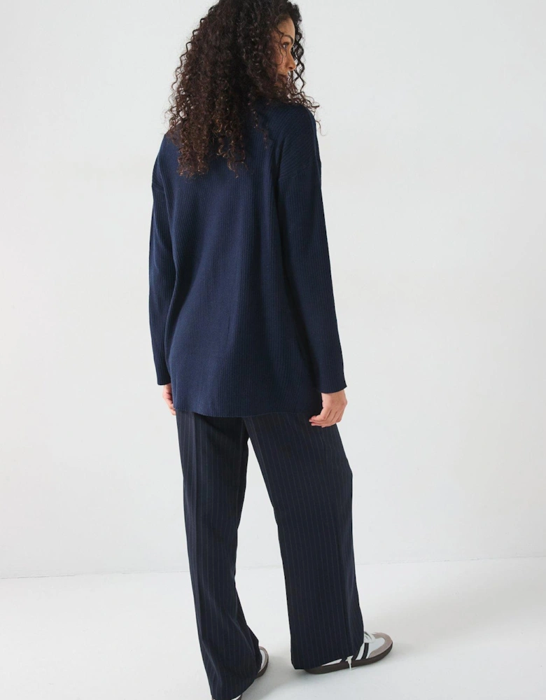 Longline Ribbed Edge To Edge Cardigan - Dark Blue