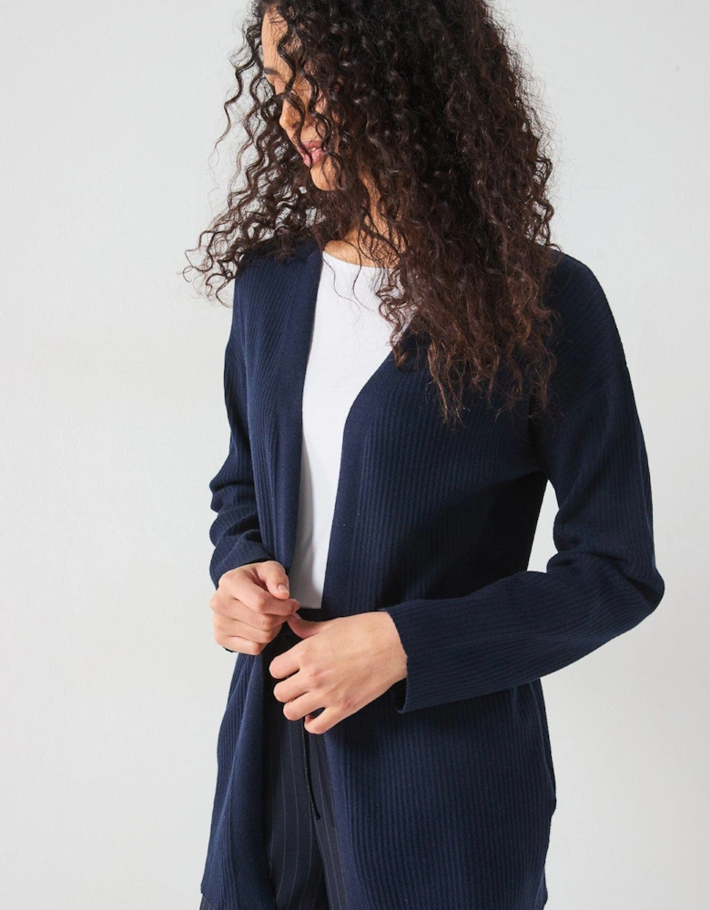Longline Ribbed Edge To Edge Cardigan - Dark Blue