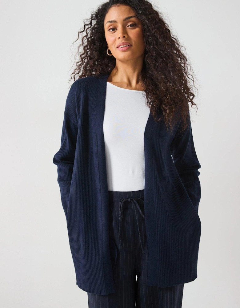 Longline Ribbed Edge To Edge Cardigan - Dark Blue