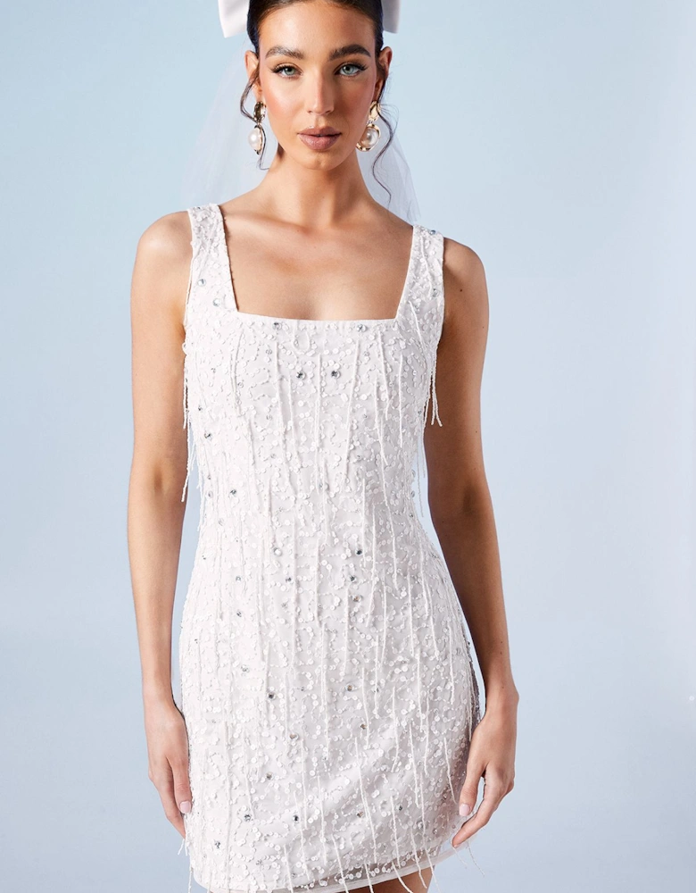 Sequin And Fringe Embellished Bridal Mini Dress