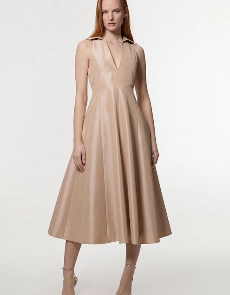 Metallic Taffeta Tux Tailored Full Skirted Shirt Dress