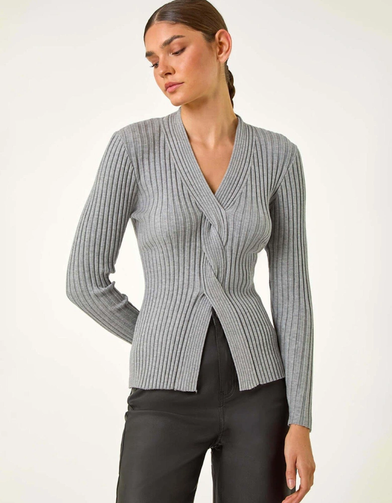 Cable Split Detail Rib Jumper - Grey