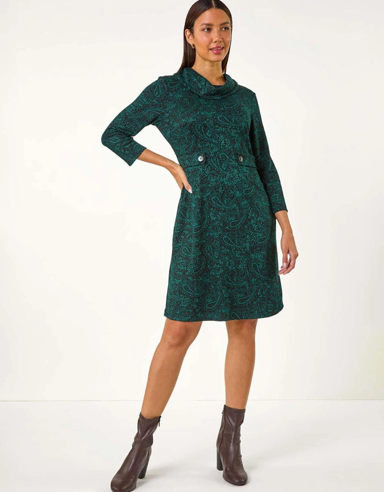 Abstract Print Cowl Neck Tab Detail Dress - Green