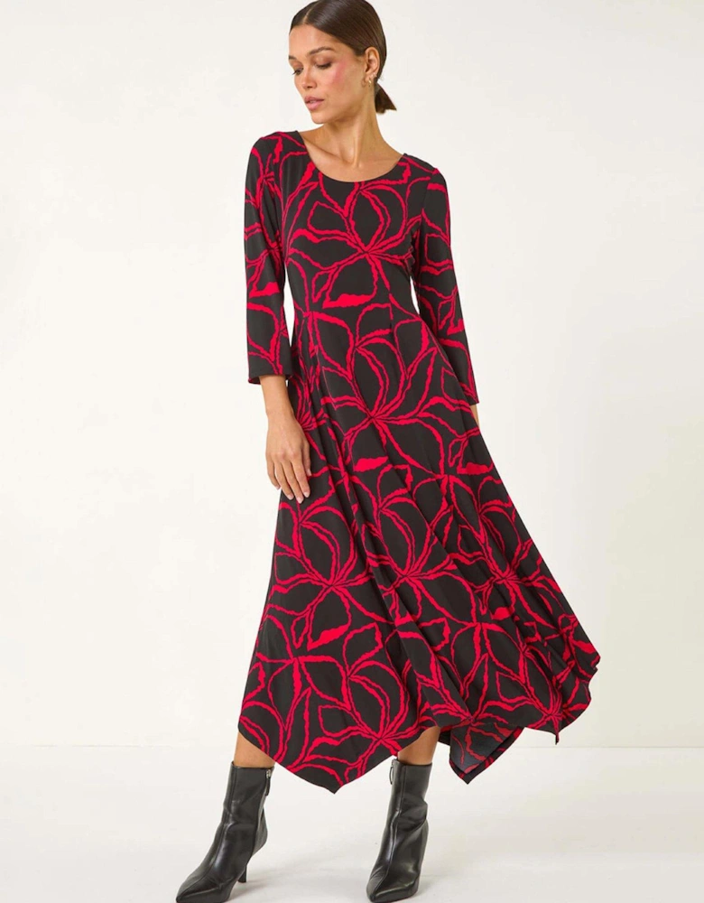 Leaf Print Hanky Hem Stretch Midi Dress - Red