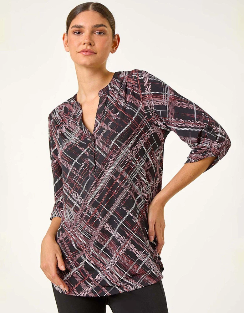 Textured Linear Print Stretch Top - Brown