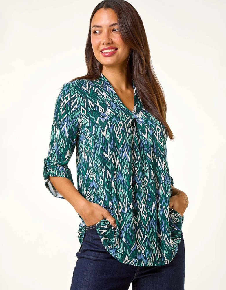 Abstract Print Front Pleat Stretch Top - Green