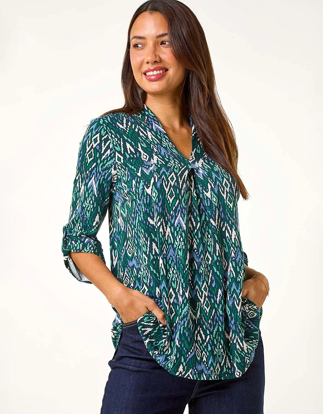 Abstract Print Front Pleat Stretch Top - Green, 2 of 1