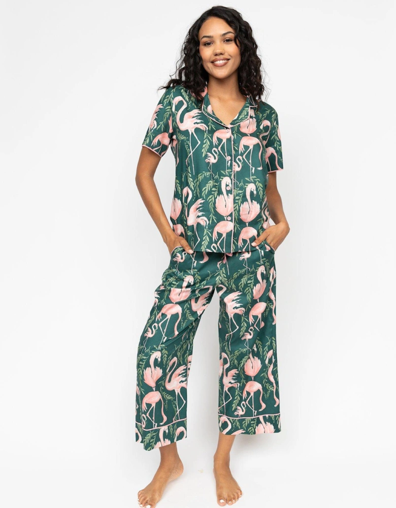 Ivy Emerald Flamingo Print Wide Leg Cropped Pyjama Set