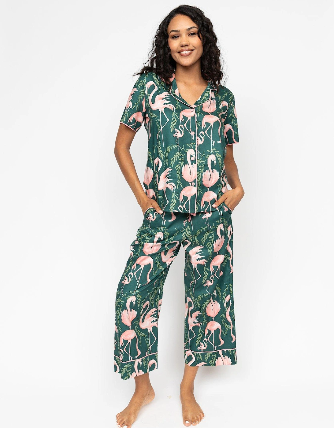 Ivy Emerald Flamingo Print Wide Leg Cropped Pyjama Set, 2 of 1