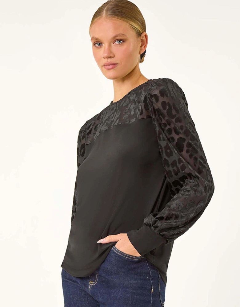 Animal Print Velvet Puff Sleeve Jersey Top - Black