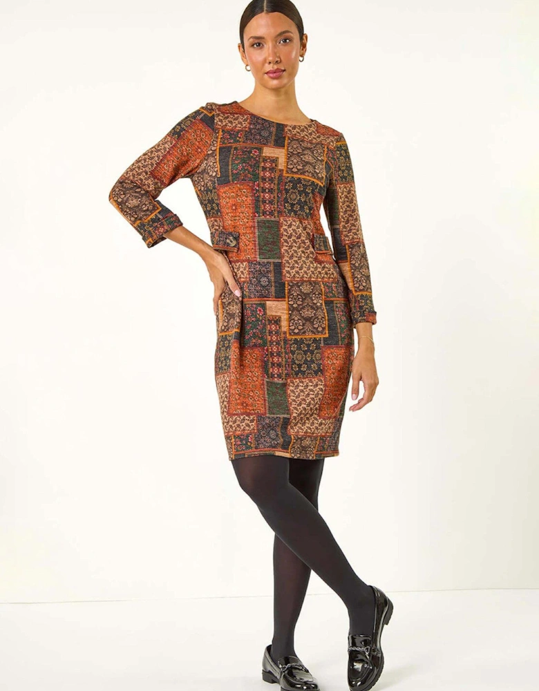 Patchwork Print Shift Stretch Dress - Orange