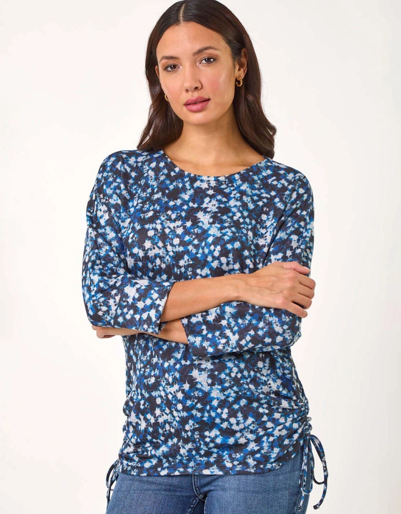 Abstract Print Side Tie Ruched Top - Navy