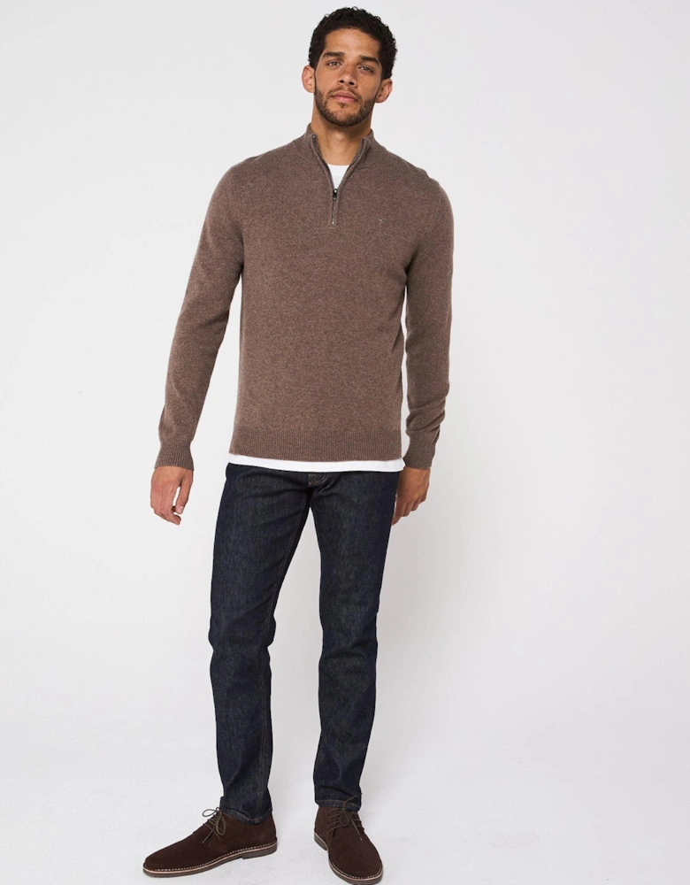 Lambswool Half Zip Knitted Jumper - Dark Natural