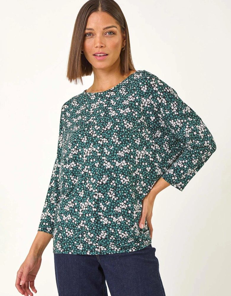 Ditsy Floral Print Stretch Top - Green