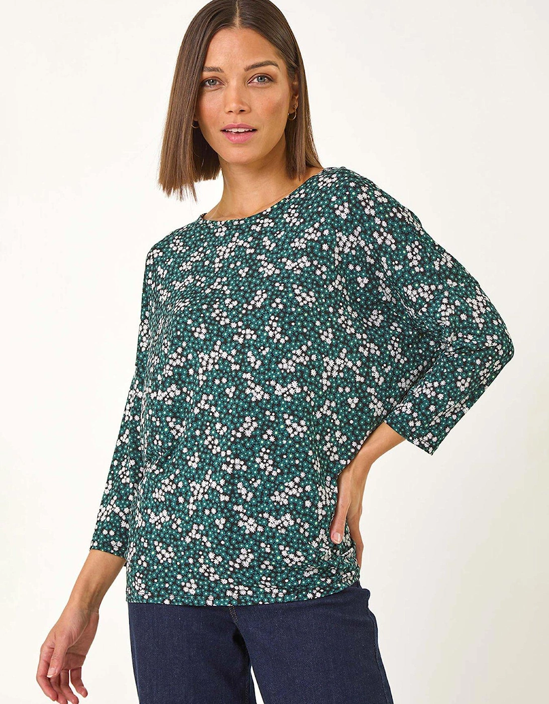 Ditsy Floral Print Stretch Top - Green, 2 of 1