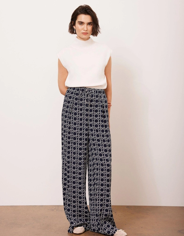 Geometric Print Wide Leg Trousers - Navy