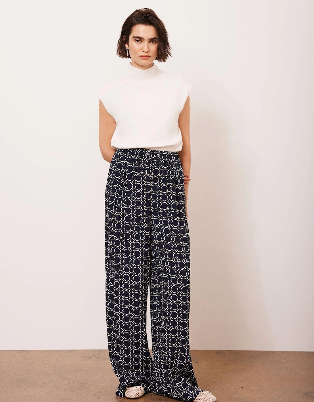 Geometric Print Wide Leg Trousers - Navy, 2 of 1