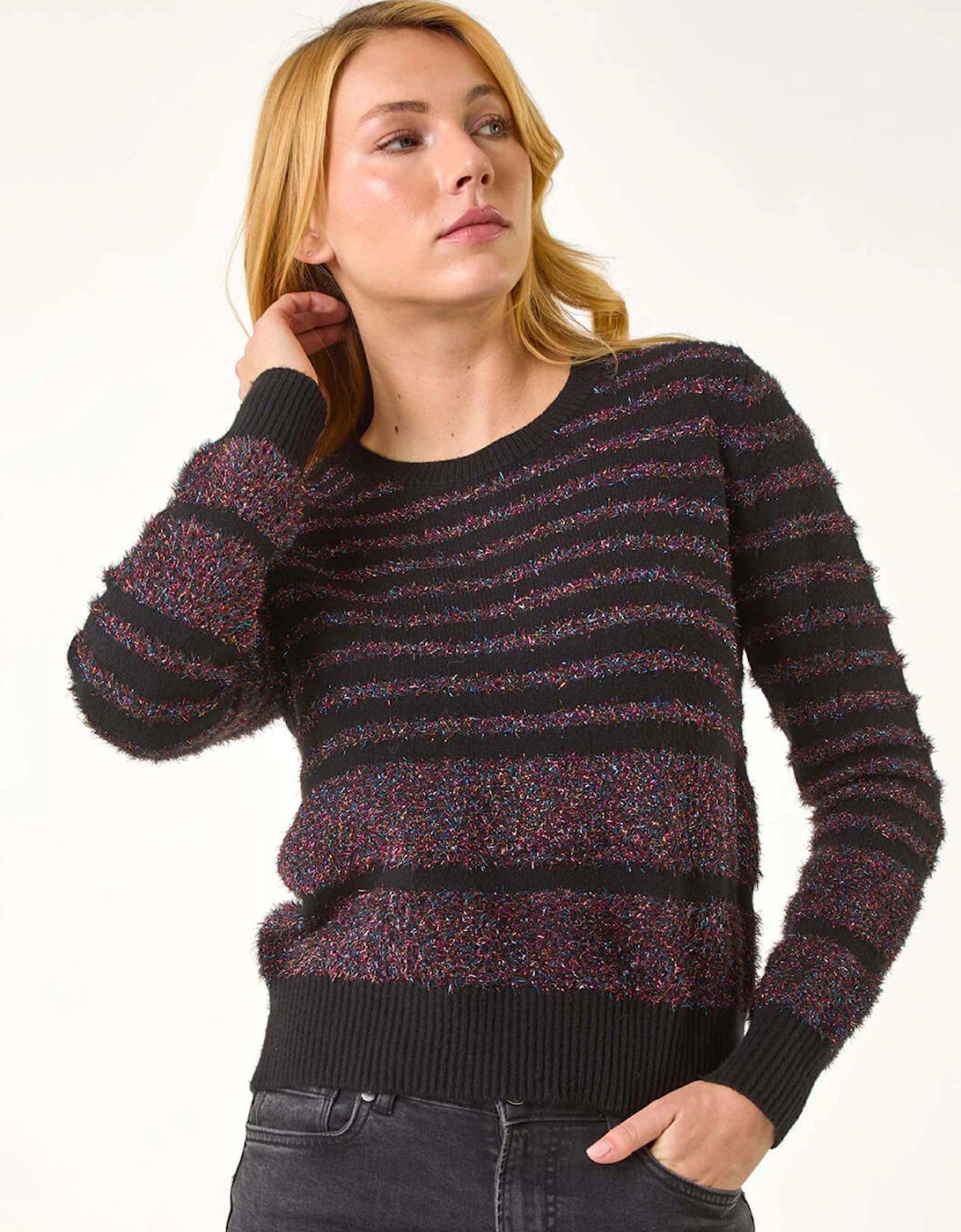 Metallic Fluffy Stripe Knit Jumper - Black, 2 of 1