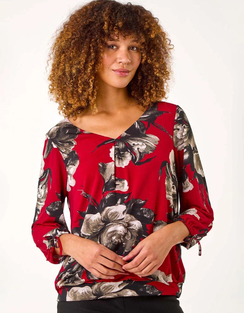 V-neck Floral Print Tie Sleeve Top - Red