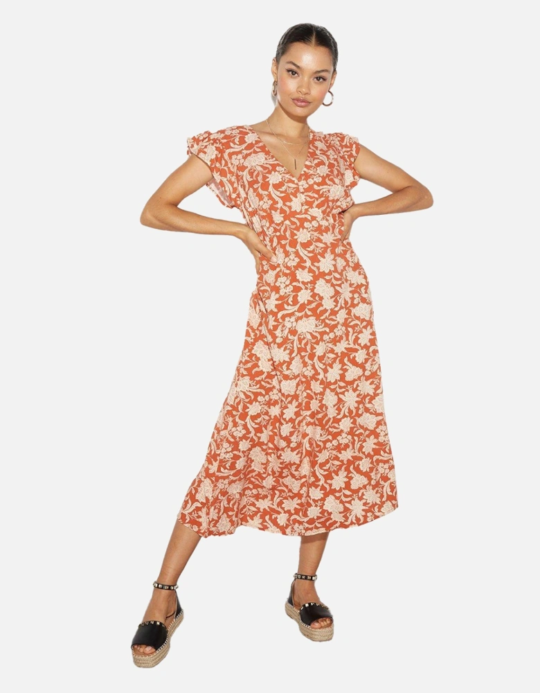 Womens/Ladies Floral Button Neck Petite Ruffle Midi Dress