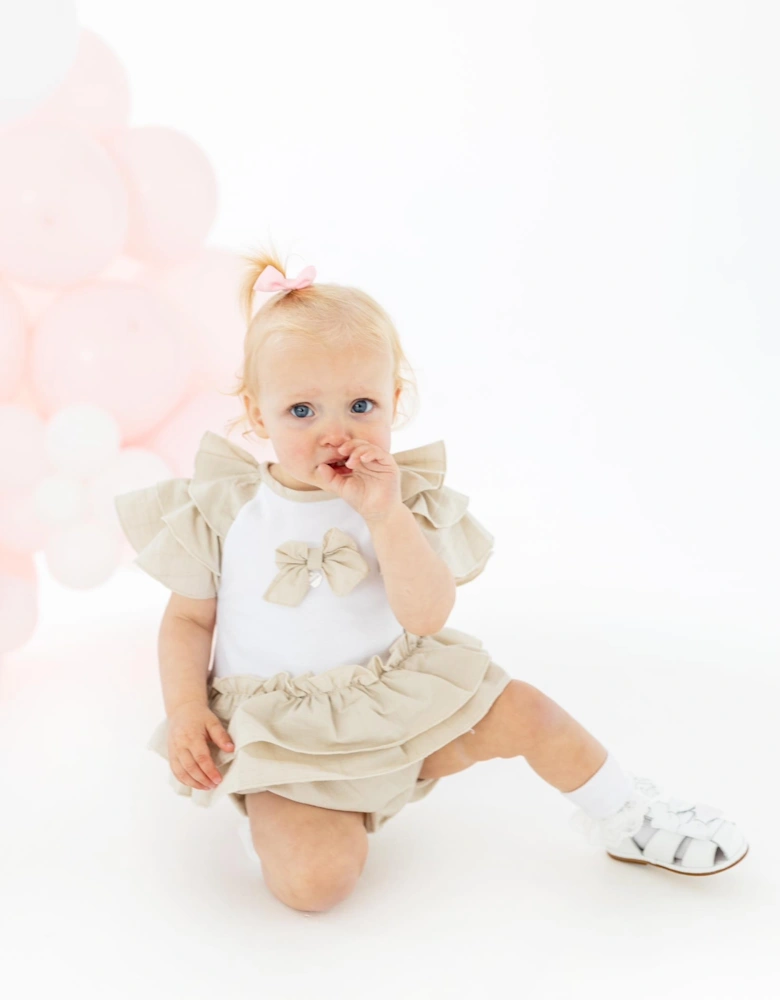 Girls Beige and White Bow Romper