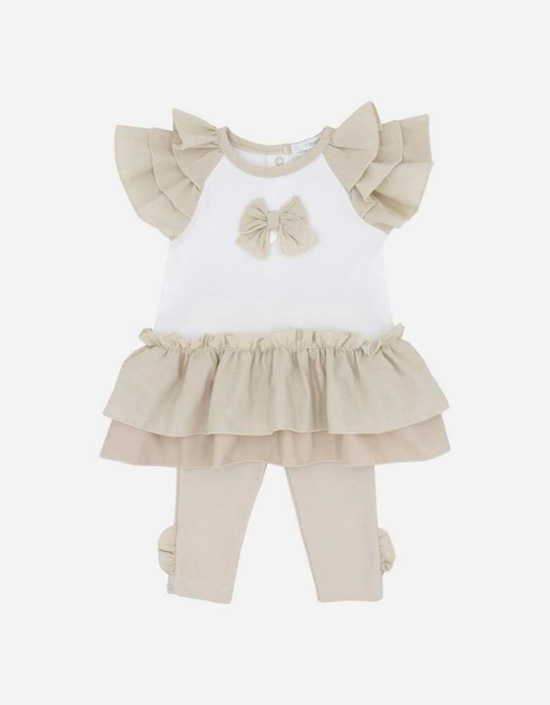 Girls Beige and White Bow Legging Set