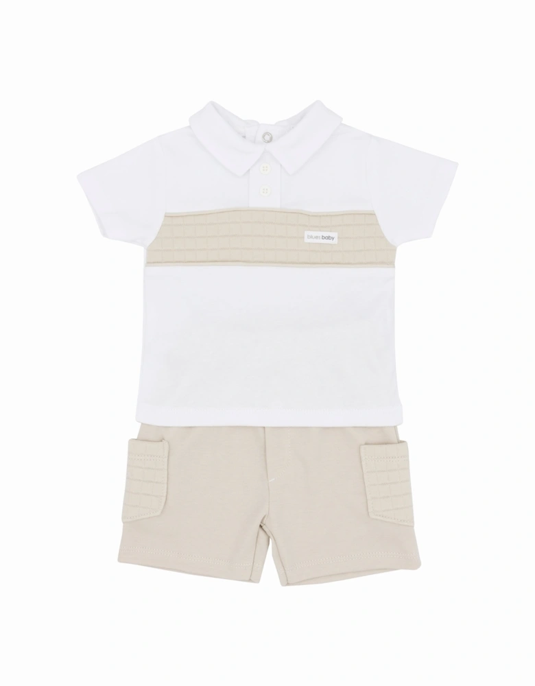 Boys Beige and White Quilted Polo Short Set