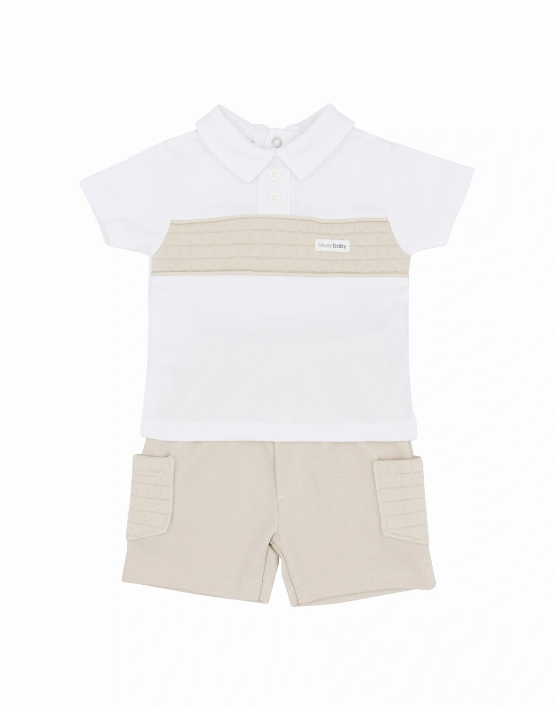 Boys Beige and White Quilted Polo Short Set, 2 of 1