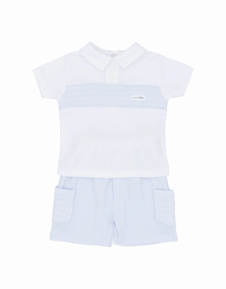 Boys Pale Blue and White Quilted Polo Short Set