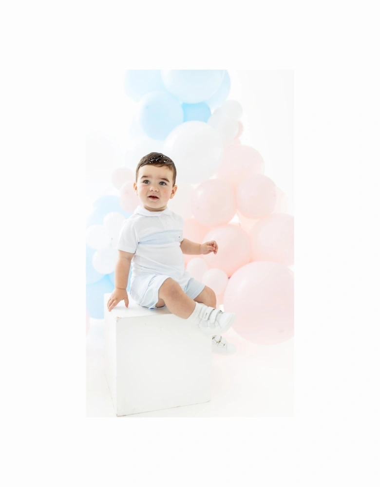 Boys Pale Blue and White Quilted Polo Short Set