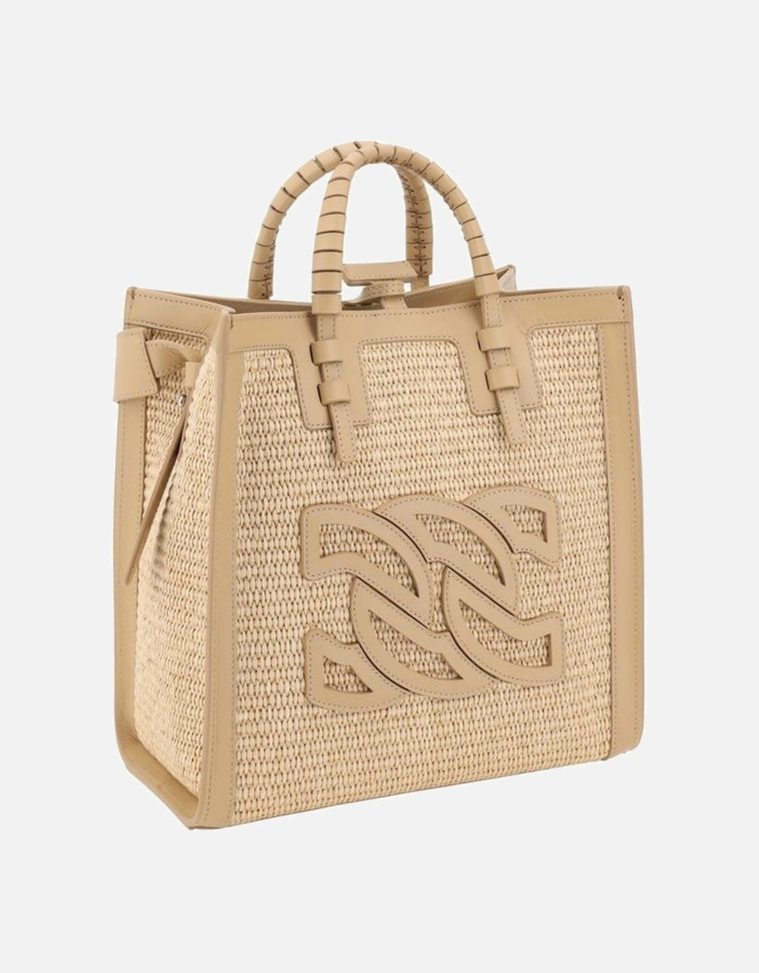 Raffia Handbag with Leather Details Women - Beige