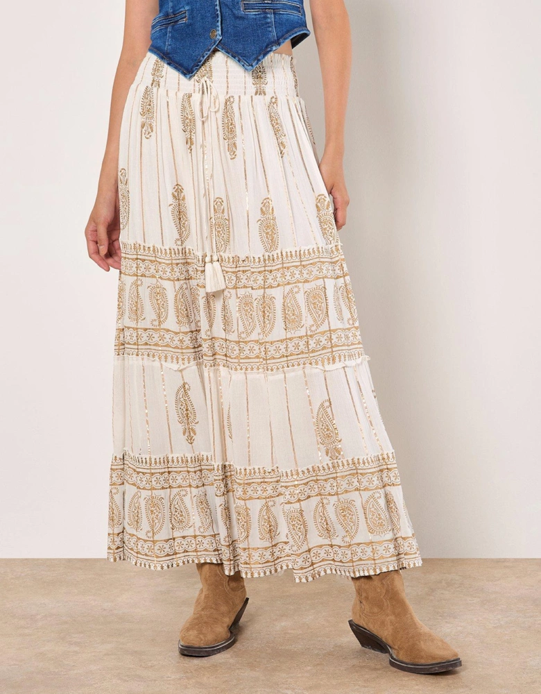 Gold Print Tassel Maxi Skirt - Cream