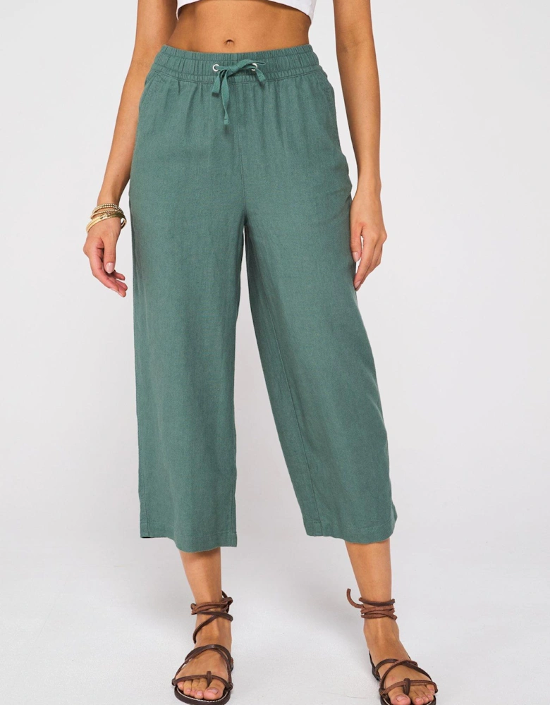 Cropped Linen Blend Trousers - Khaki