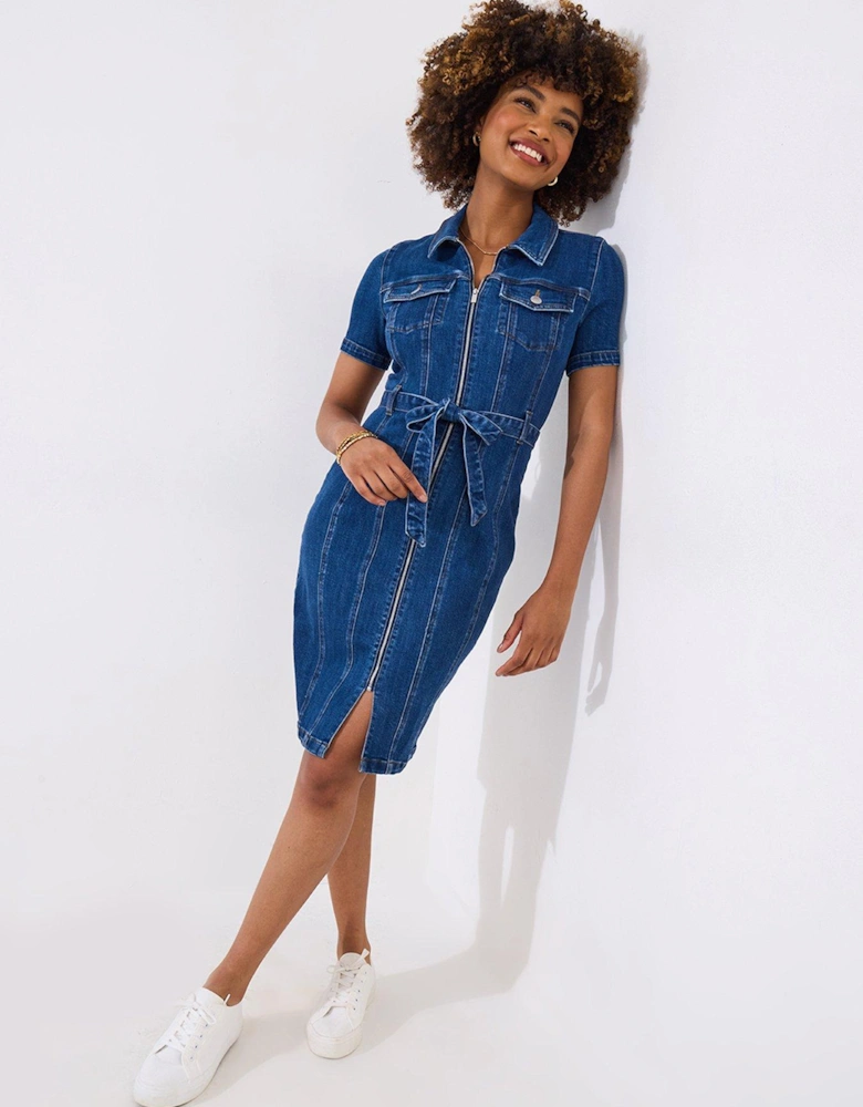 Cindy Zip Through Stretch Denim Dress - Blue