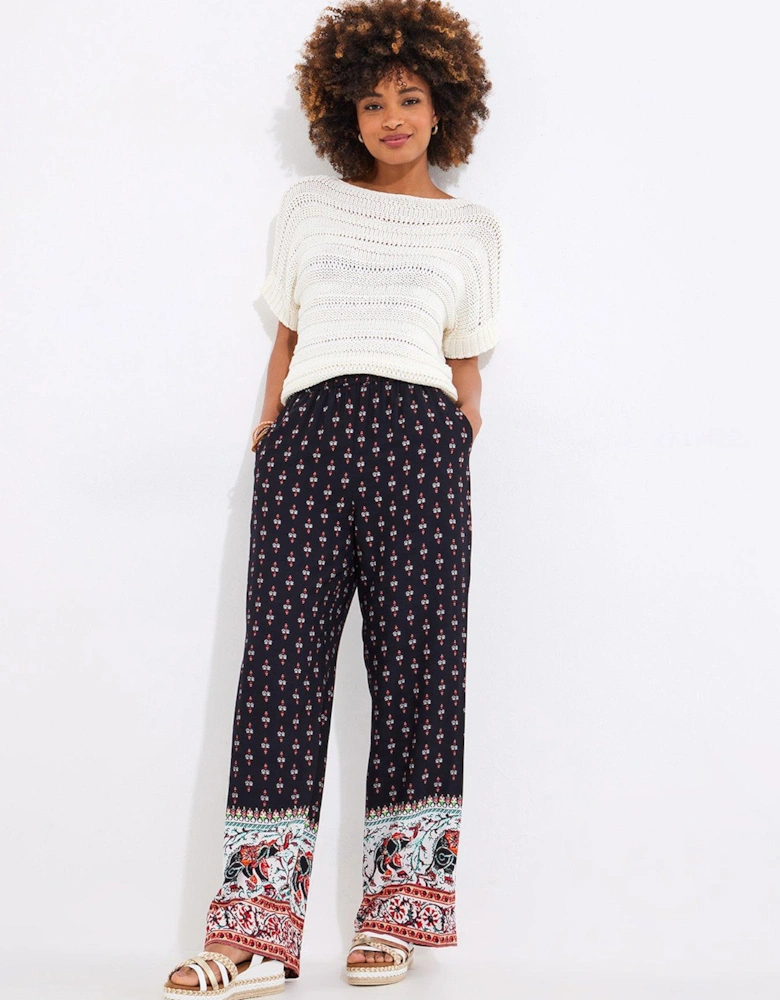 Elegant Elephant Print Wide Leg Trousers - Black