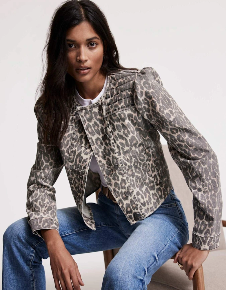 Neutral Leopard Print Denim Jacket - Beige