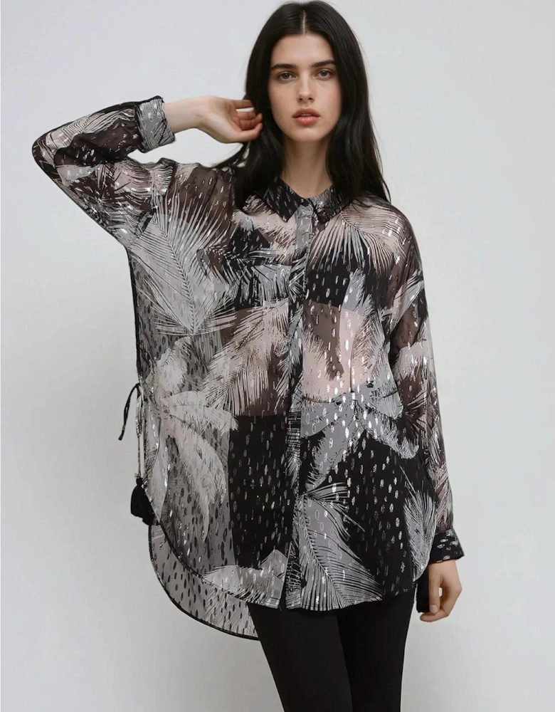 Tanzanite Oversized Shirt In Lurex Palm Print With Tassels