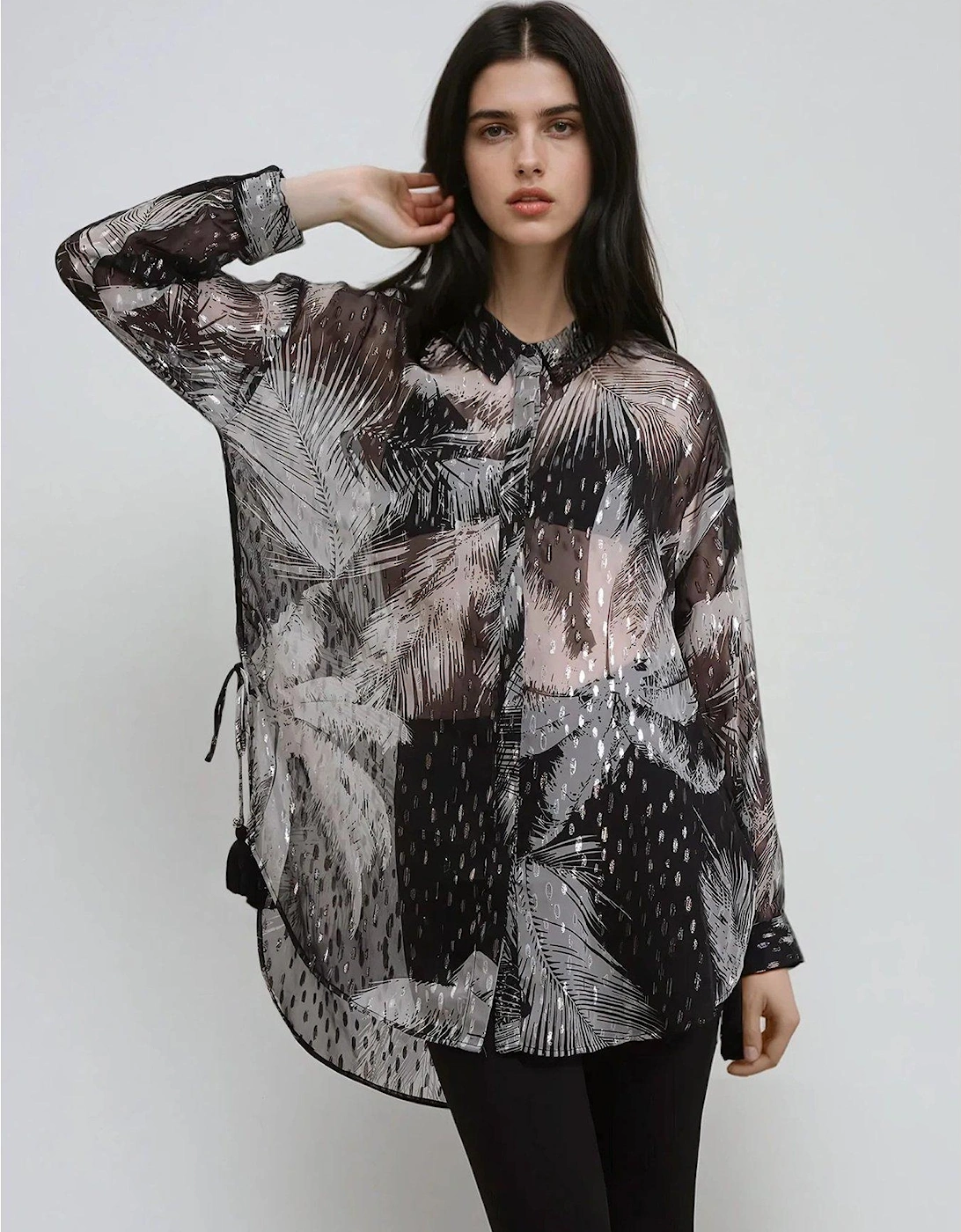 Tanzanite Oversized Shirt In Lurex Palm Print With Tassels, 2 of 1