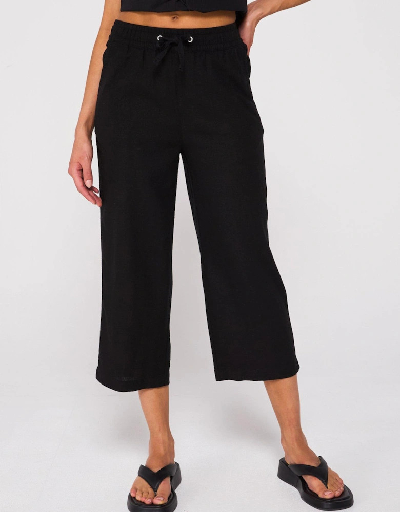 Cropped Linen Blend Trousers - Black