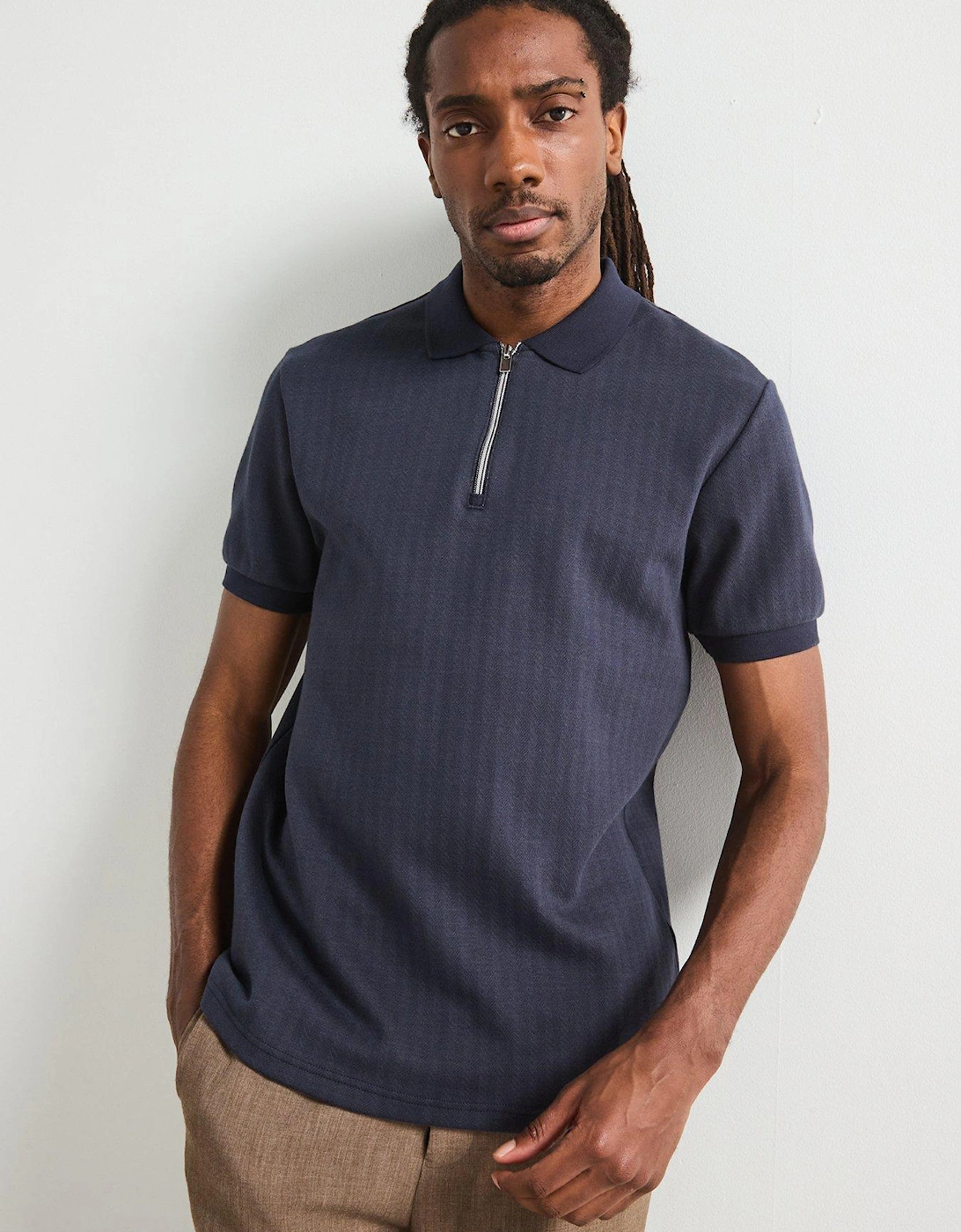 Jacquard Zip Neck Polo Top - Navy, 7 of 6