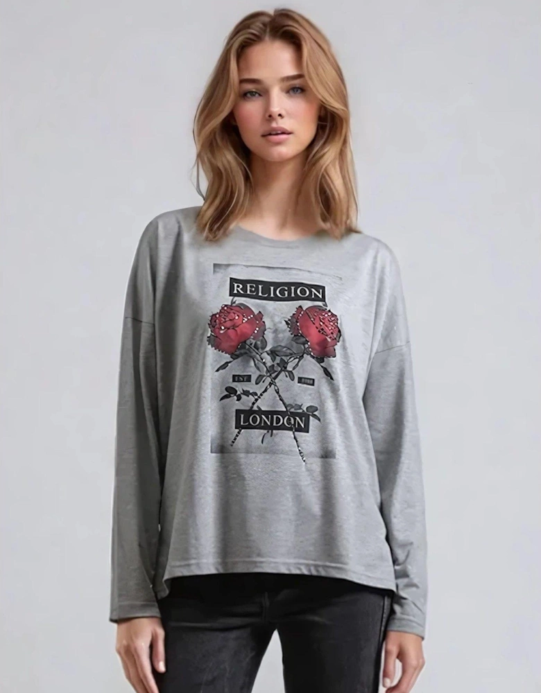 Long Sleeve Flush Tee With Floret Roses - Grey