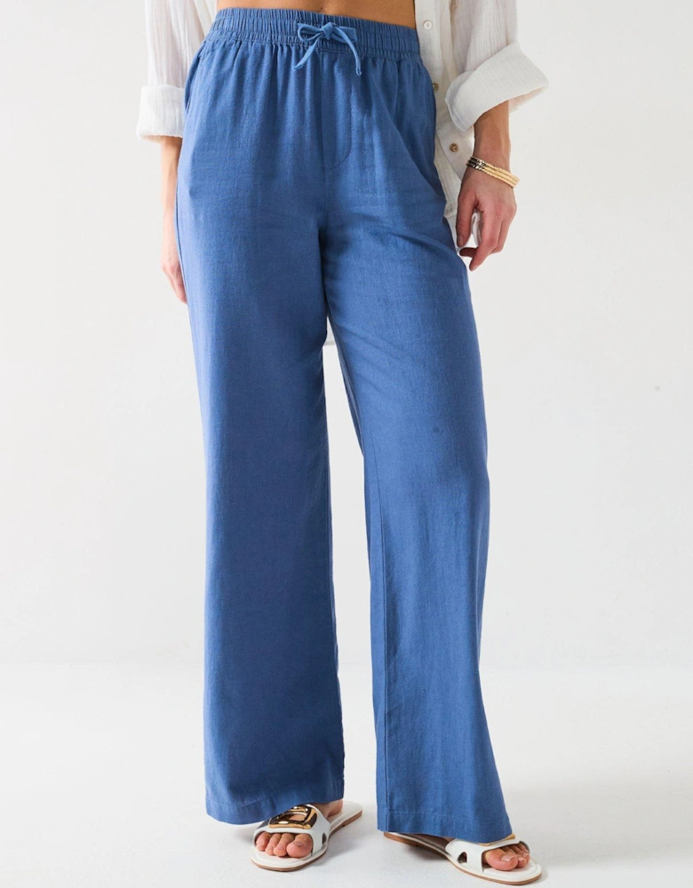 Wide Leg Linen Blend Trousers - Blue