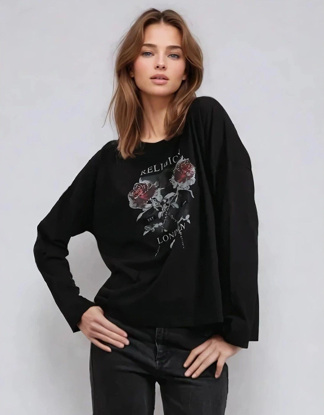 Long Sleeve Flush Tee With Floret Roses - Black, 2 of 1