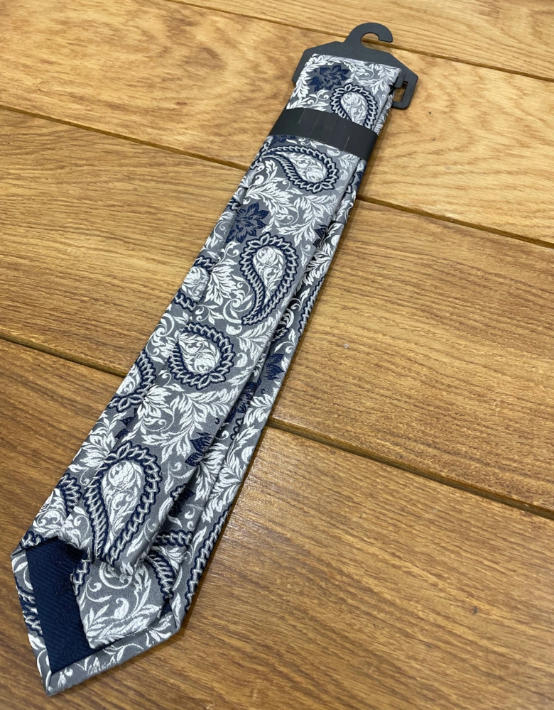 Flowers Tie & Pocket Square - Grey / Navy / Silver